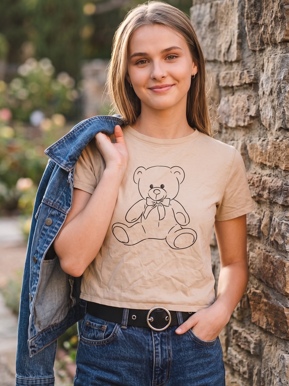 Urban Nation Youth XL Beige Teddy Bear Graphic Crop Top T-Shirt Short Sleeve